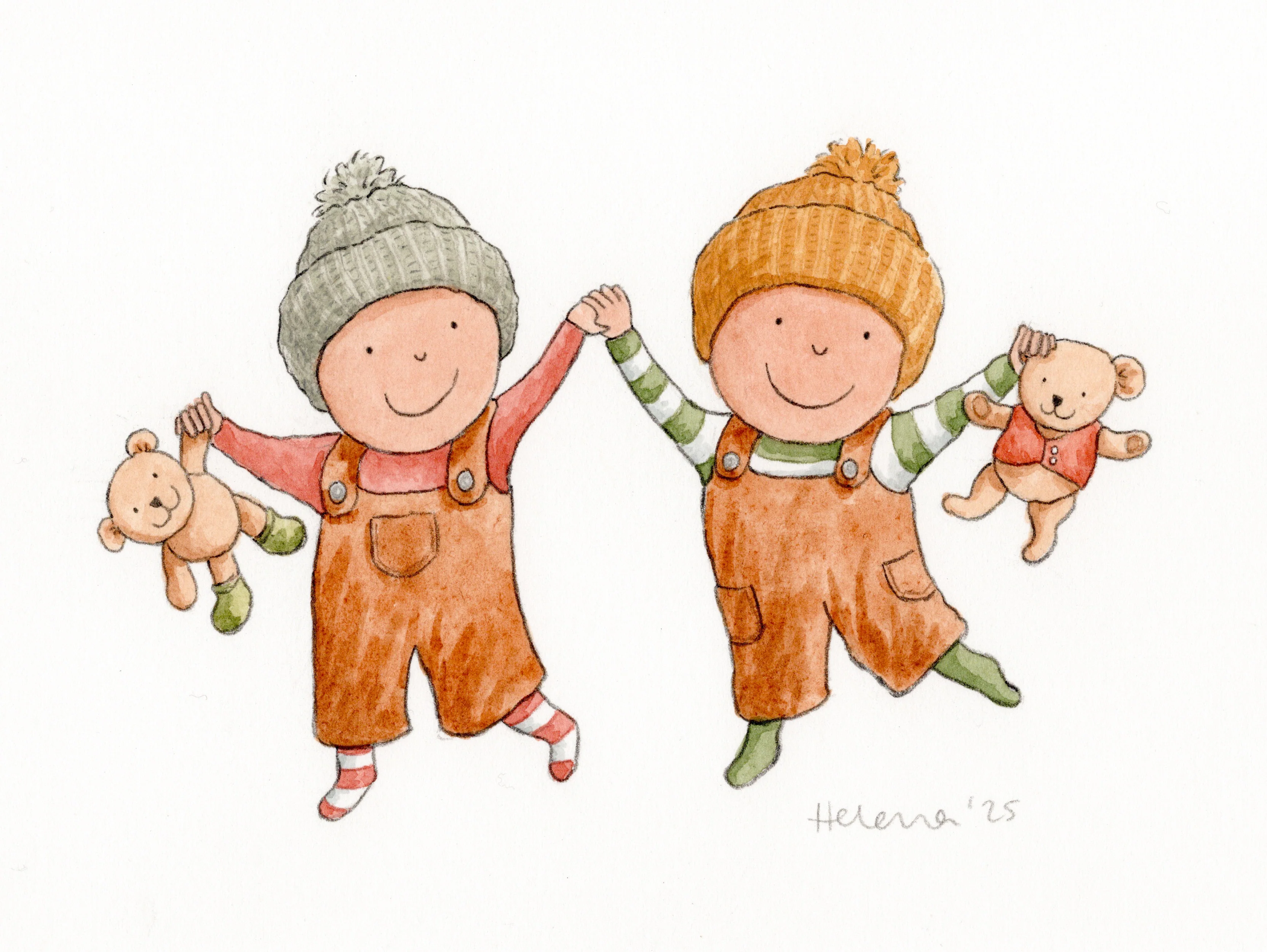 Twins - Original signed painting in watercolour and pencil crayon.